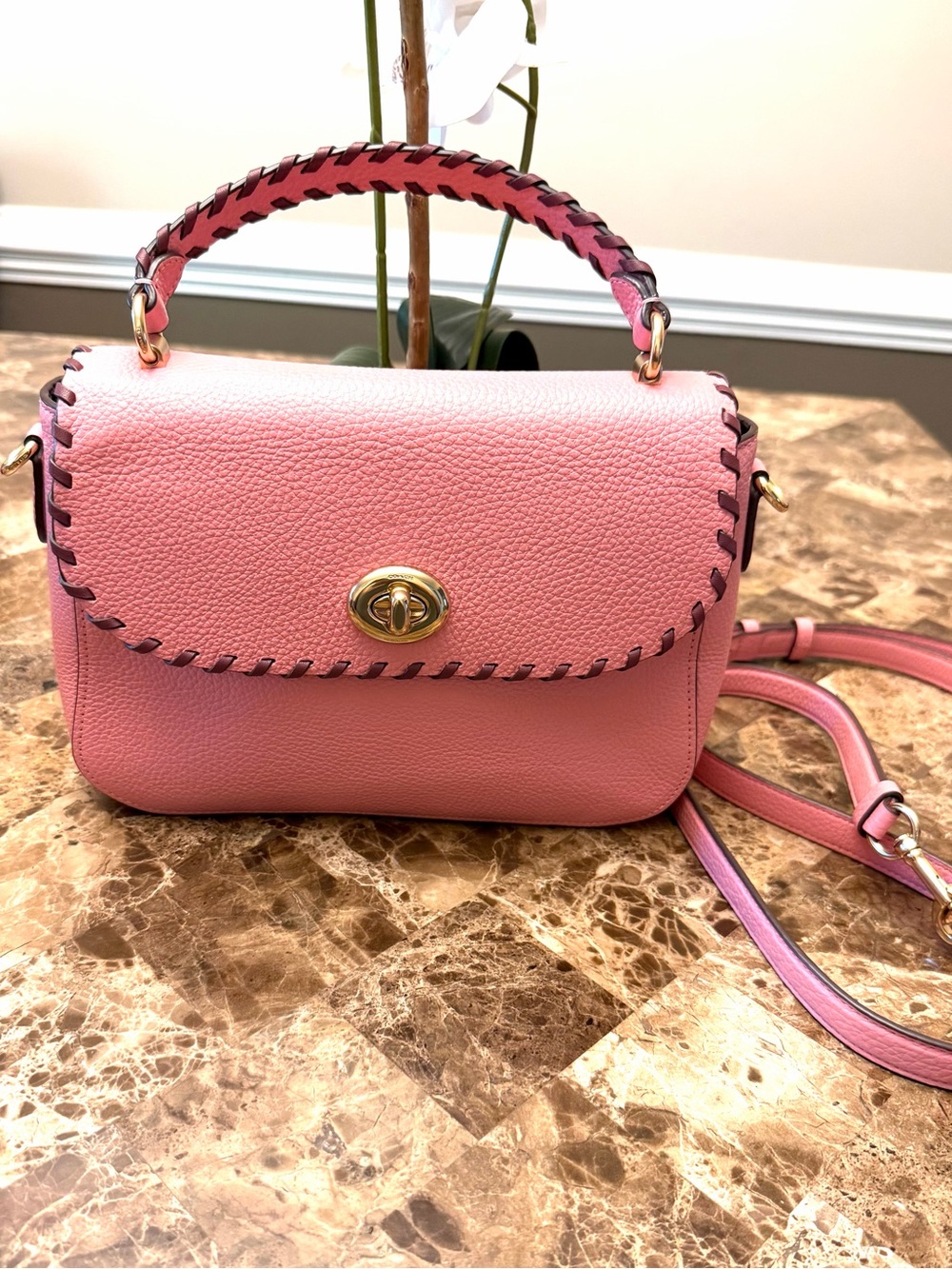 Coach Marlie Top Handle Satchel w/ Whipstitch Pink Leather Crossbody Purse